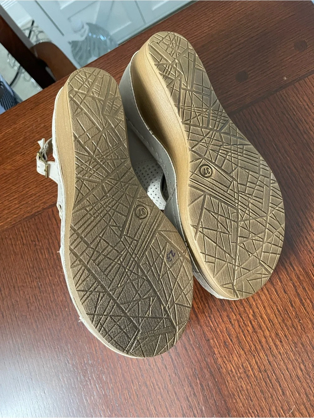 Neutral Perforated Wedge Sandals with Adjustable Ankle Strap